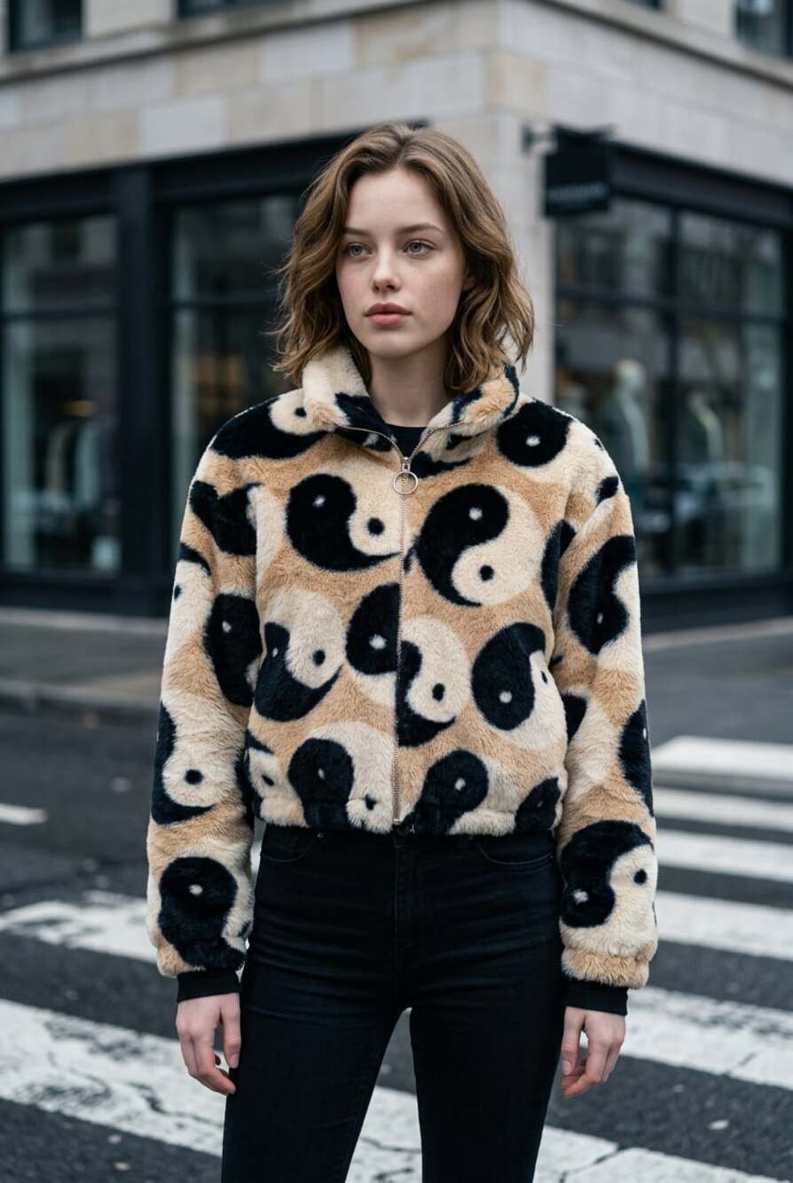 Kyoyo Yin Yang Faux Fur Full-Zip Bomber Jacket